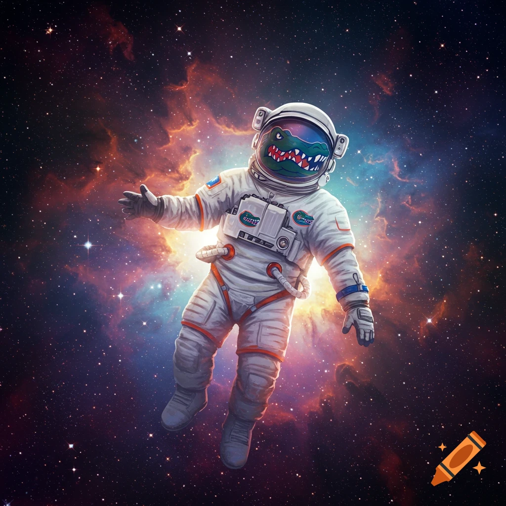 A Gator mascot astronaut floating in space with a nebula background