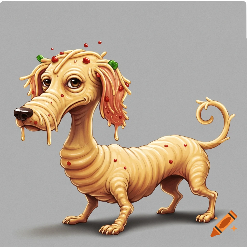 A dog made of spaghetti noodles and sauce