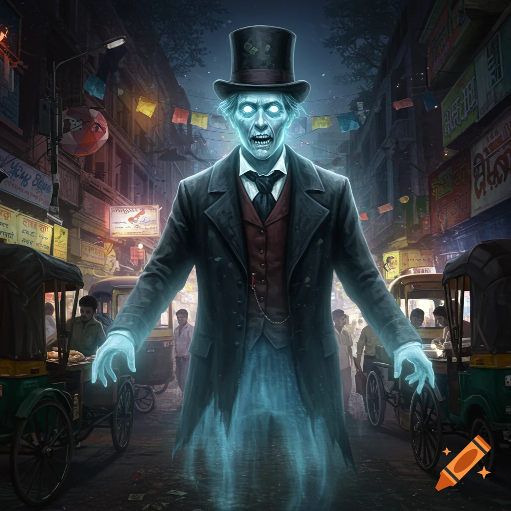 A glowing ghostly figure in a top hat and coat stands in a crowded street at night.