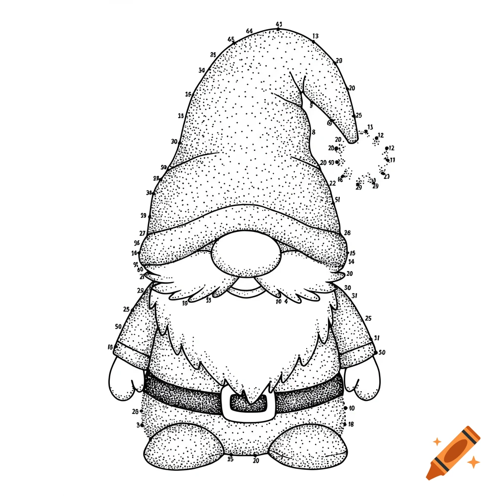 Black and white dot-to-dot drawing of a gnome