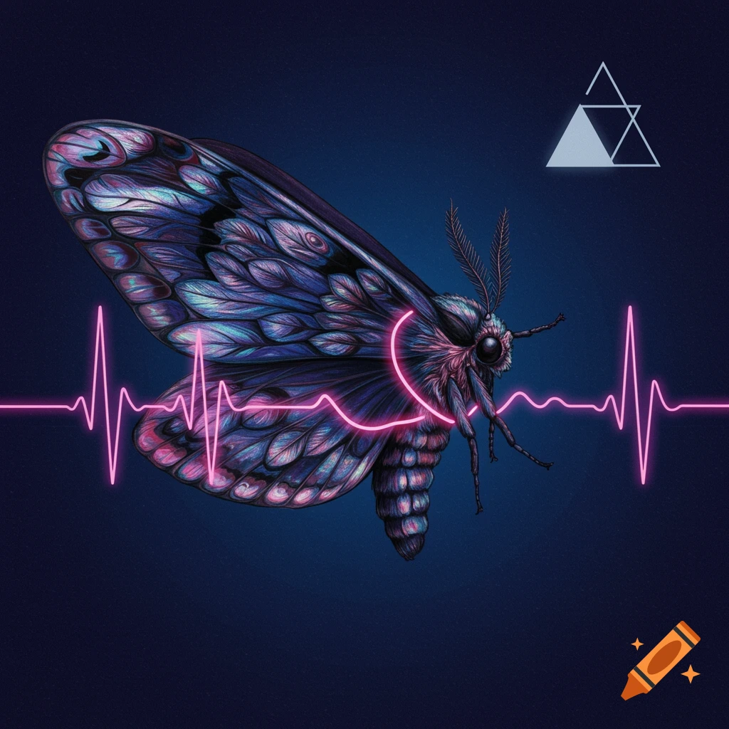 A moth with colorful, iridescent wings and a pink EKG line across a dark blue background, with a white geometric shape.