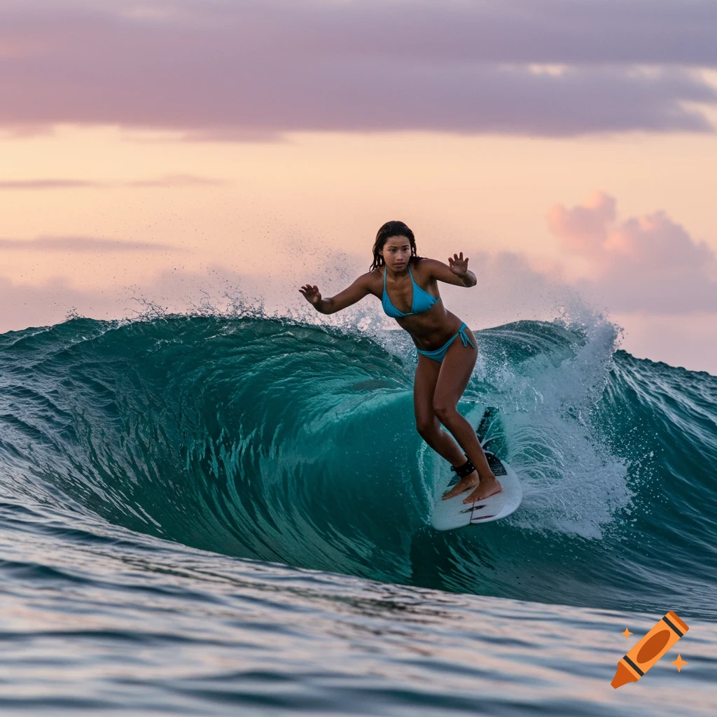 A woman in a bikini surfs a large wave at sunset.