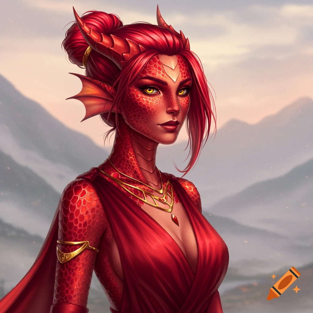 A female red dragon human hybrid in a red dress against a mountain background.