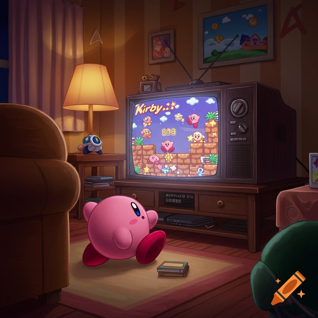 Kirby watching himself play a Kirby game on a CRT TV in a retro living room.