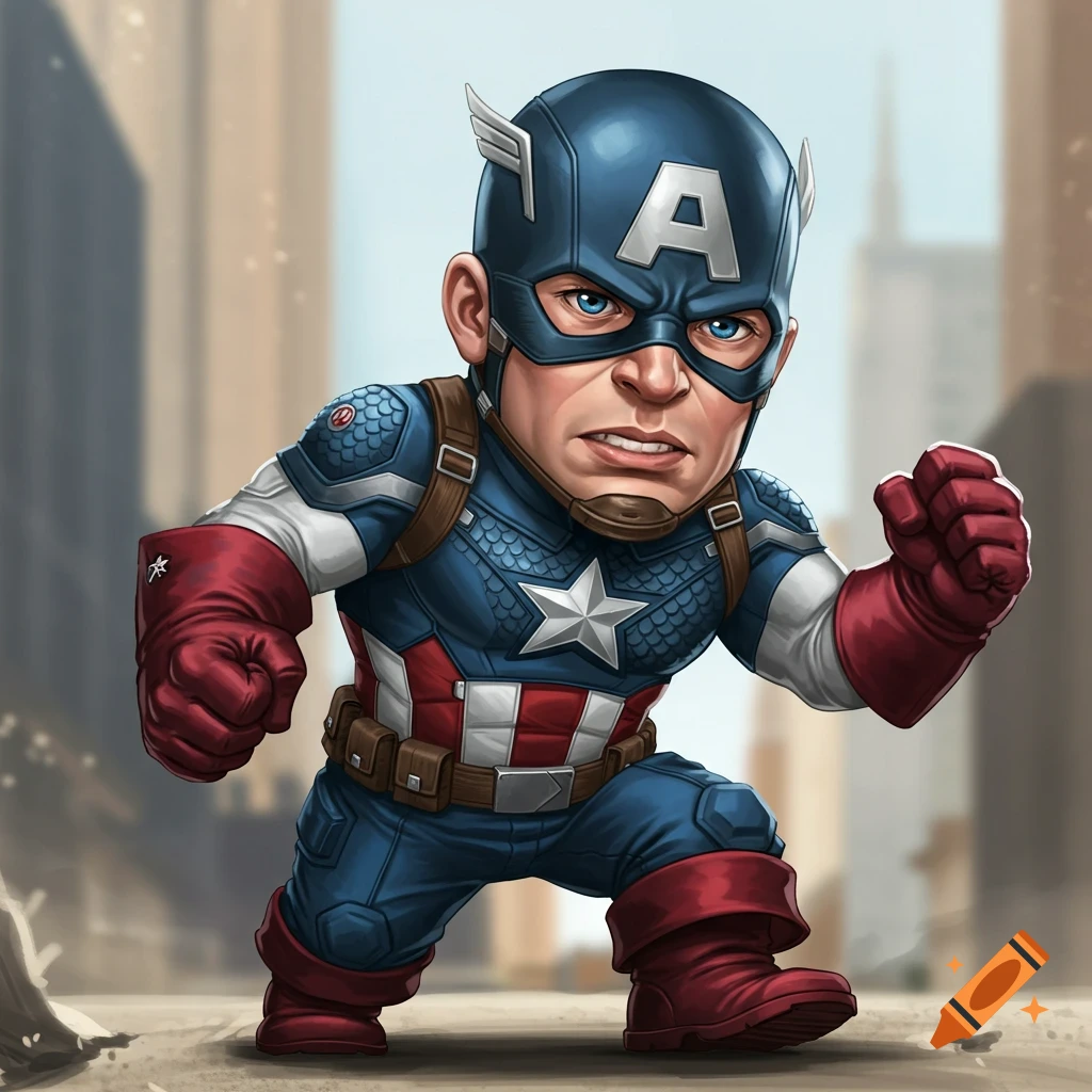 A short, cartoon-style Captain America crouches with fists clenched in a city street.