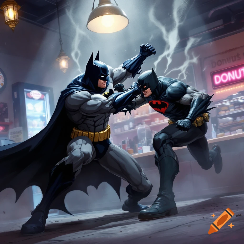 Two figures resembling Batman fighting in a donut shop.