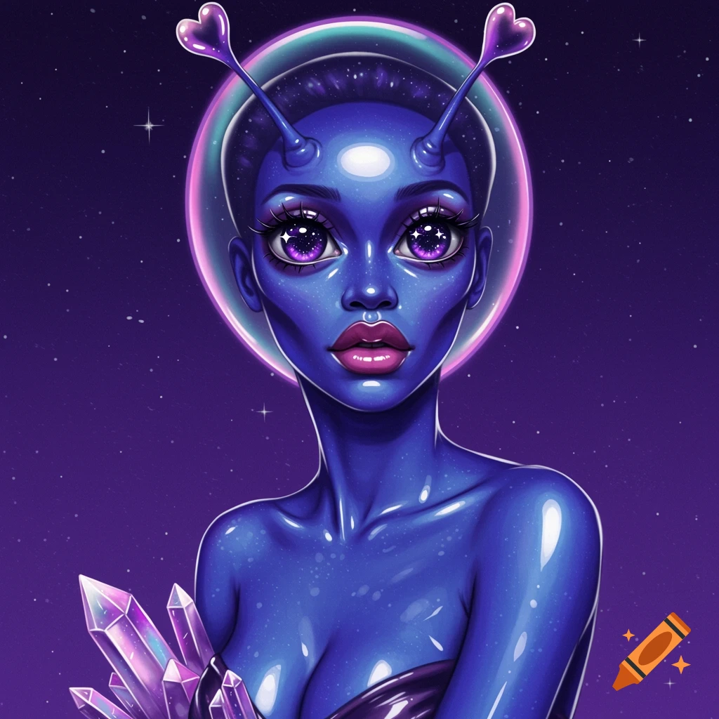 Stylized digital art portrait of a blue alien woman with large sparkly eyes, heart antennae, holding purple crystals in space.