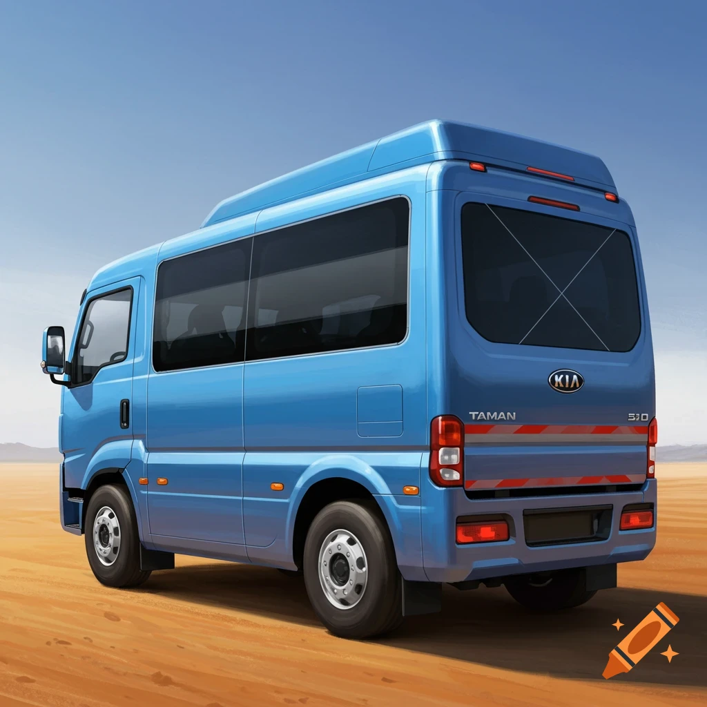 A blue van is parked in a desert landscape.