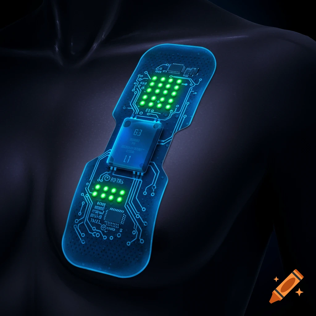 A futuristic blue medical patch with green lights and circuitry attached to a dark human chest.