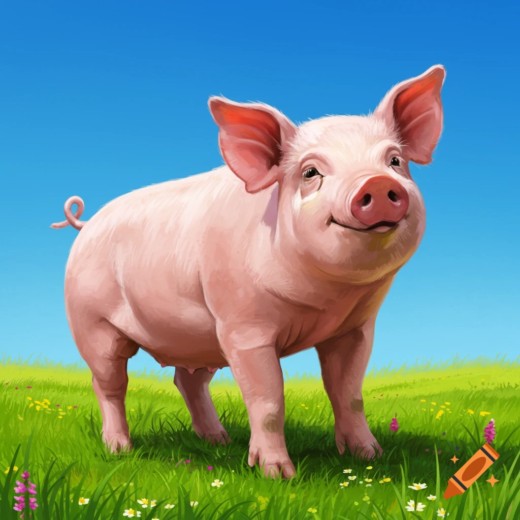A pig standing in a field of grass and flowers under a blue sky.