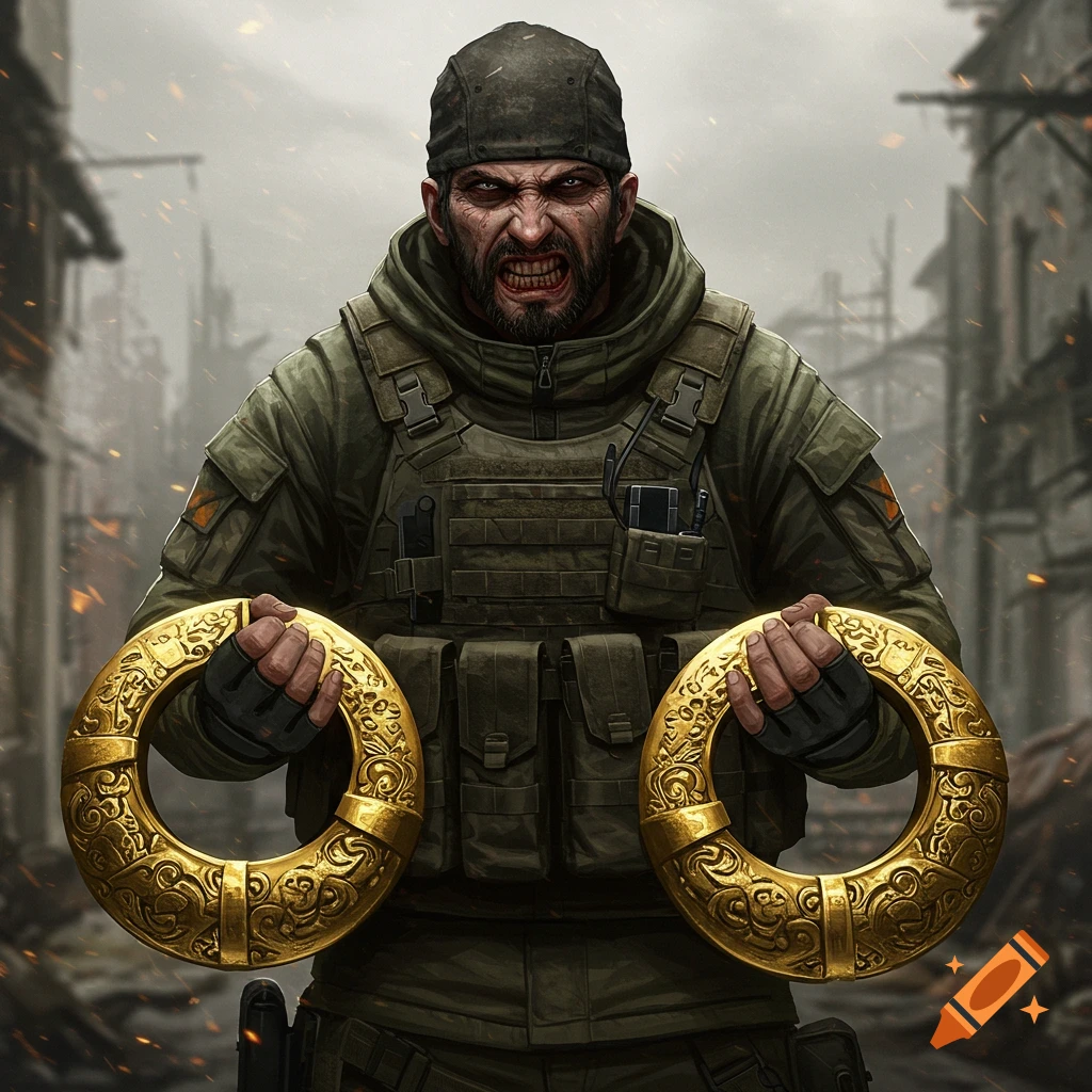 A soldier in a ruined city holds two large golden rings.