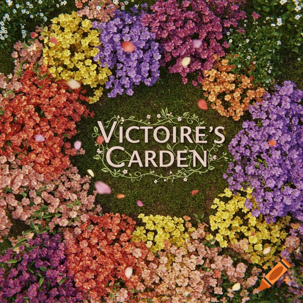 The text 'VICTOIRE'S GARDEN' surrounded by a colorful circle of flowers on grass.