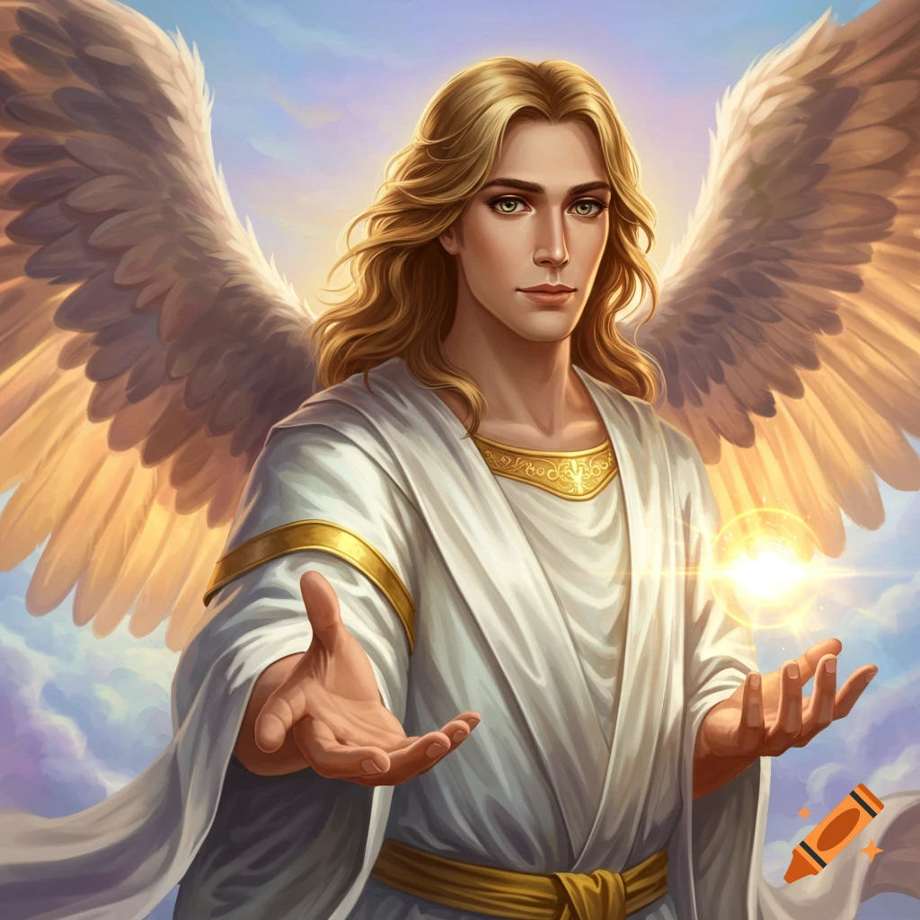 A male angel with golden wings in a sky.