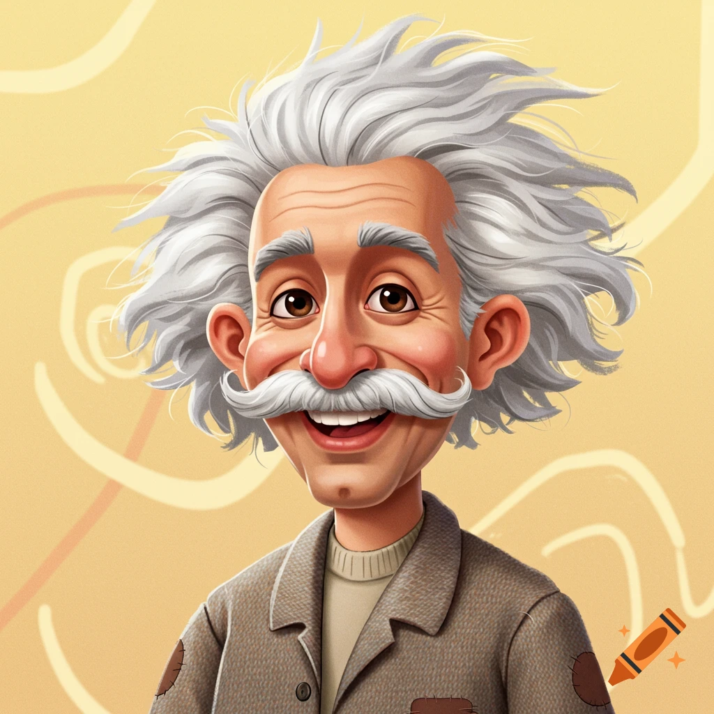 Cartoon portrait of a smiling man resembling Albert Einstein.