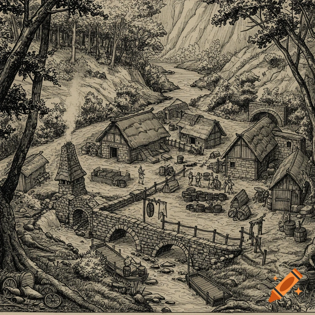 Detailed pen and ink drawing of a medieval village in a wooded valley with a river and bridge.