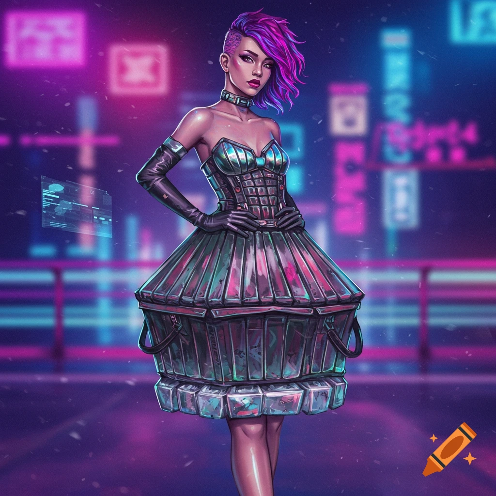 A woman with purple hair wears a metallic dumpster-like dress in a neon-lit cyberpunk city.