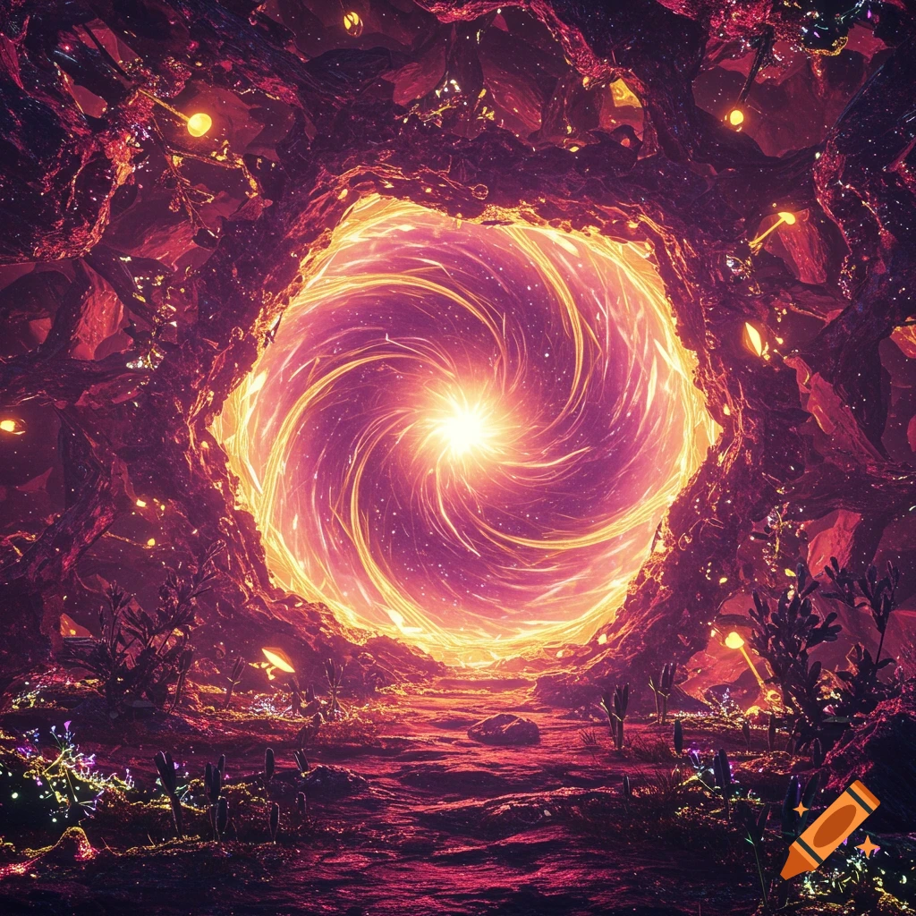 Glowing interdimensional portal in a rocky cave.