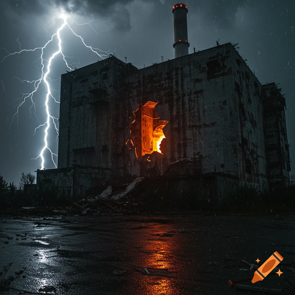 Abandoned building struck by lightning during a thunderstorm, with fire visible inside a large hole.