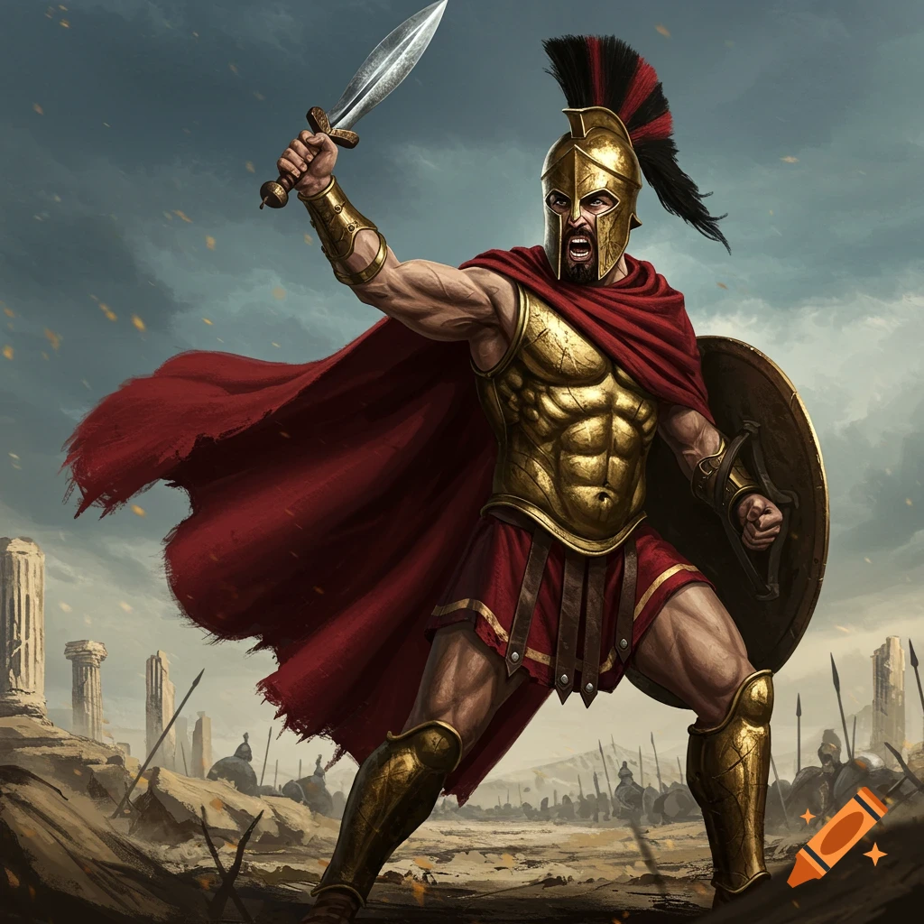 A Spartan warrior raising his sword in a battlefield