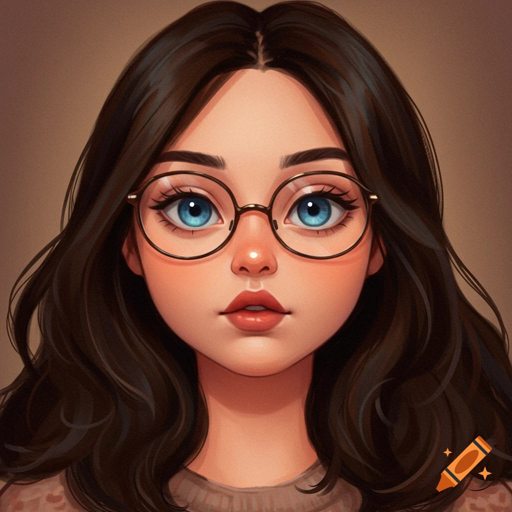 A portrait of a young woman with glasses and blue eyes.