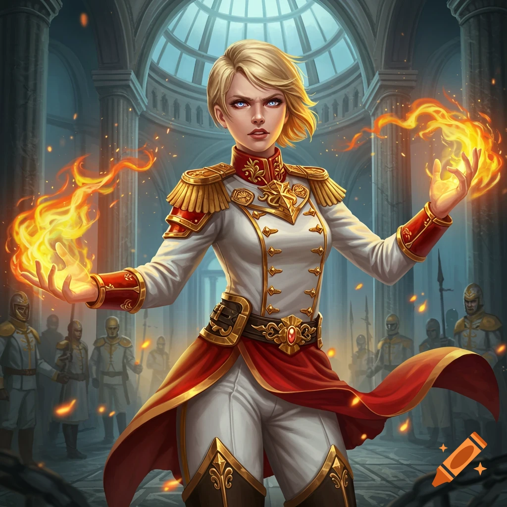A blond woman in a fantasy military uniform casting fire spells in a grand hall.