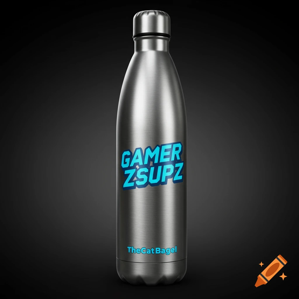 A metallic water bottle with 'GAMER ZSUPZ' and 'TheCatBagel' printed on it against a dark background.