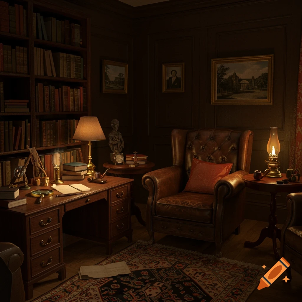 A dimly lit Victorian study with a leather armchair, desk, bookshelf, and lamp.