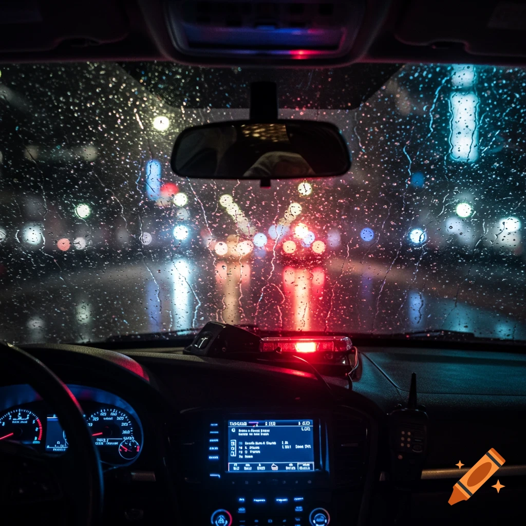 View from inside a police car looking out a rain-streaked windshield at night city lights.