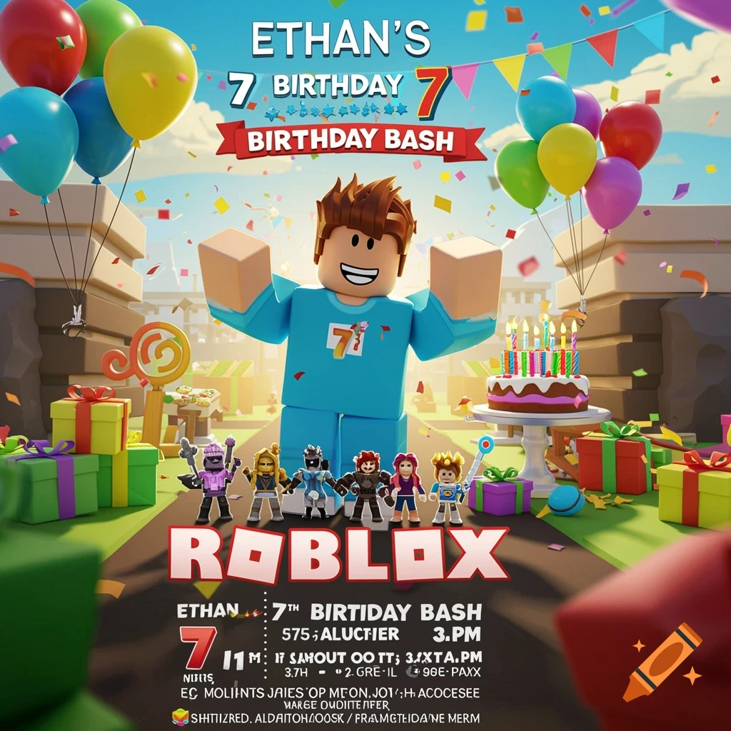 Roblox themed birthday invitation for Ethan's 7th birthday with game characters, balloons, and cake.