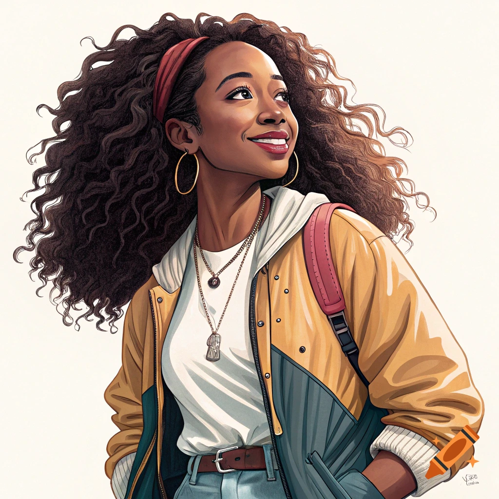Illustration of a smiling young woman with curly hair wearing a jacket and backpack.