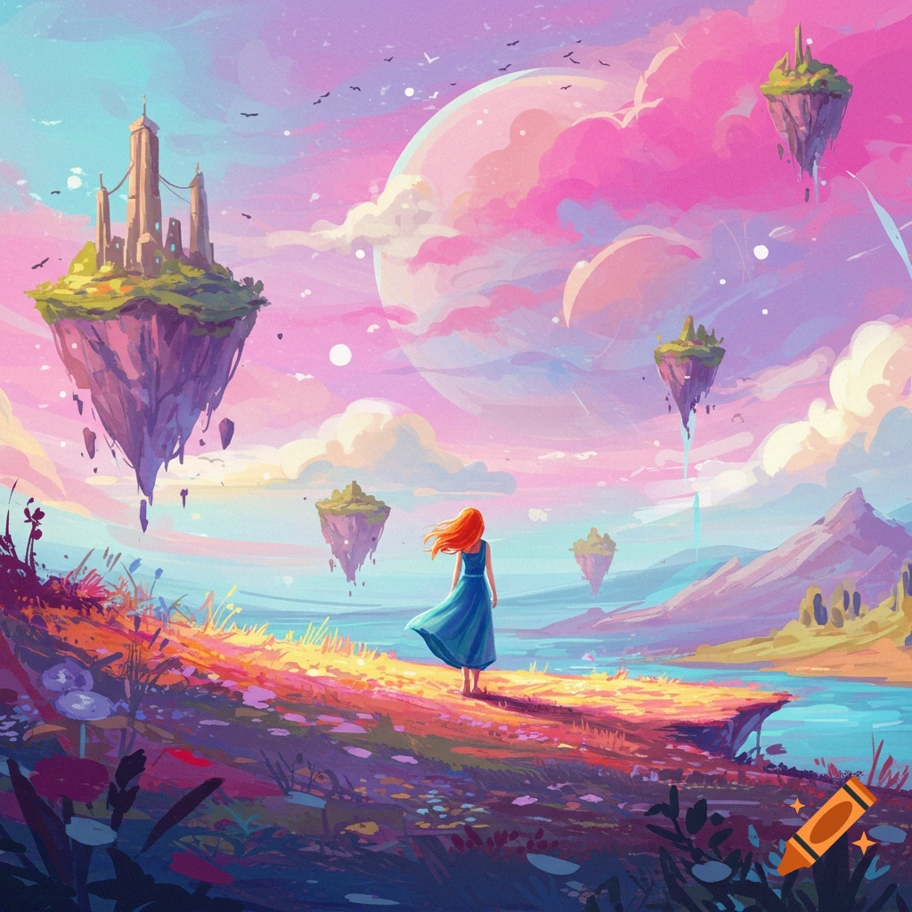 A woman stands on a cliff overlooking a vibrant fantasy landscape with floating islands and a large pink sky.