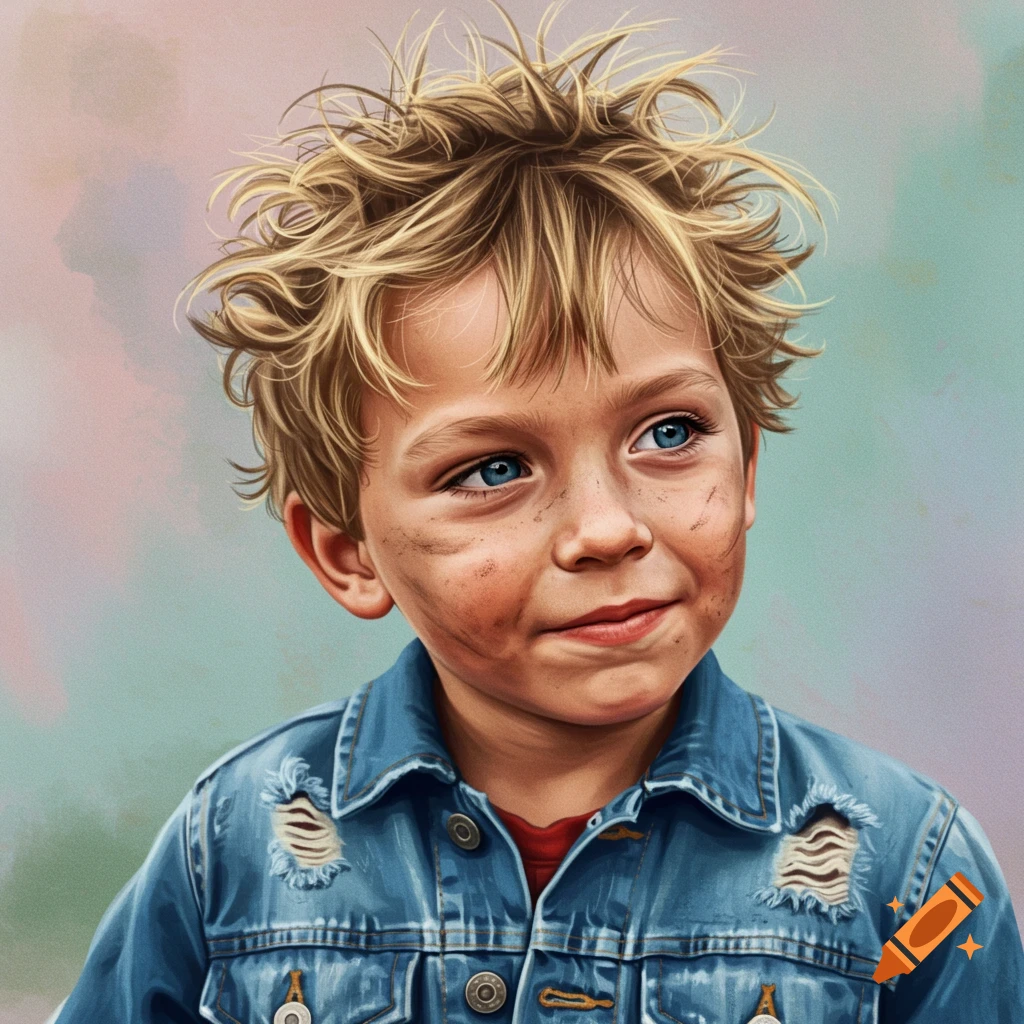 Young boy with messy blonde hair, blue eyes, and dirt smudges, wearing a ripped denim jacket.