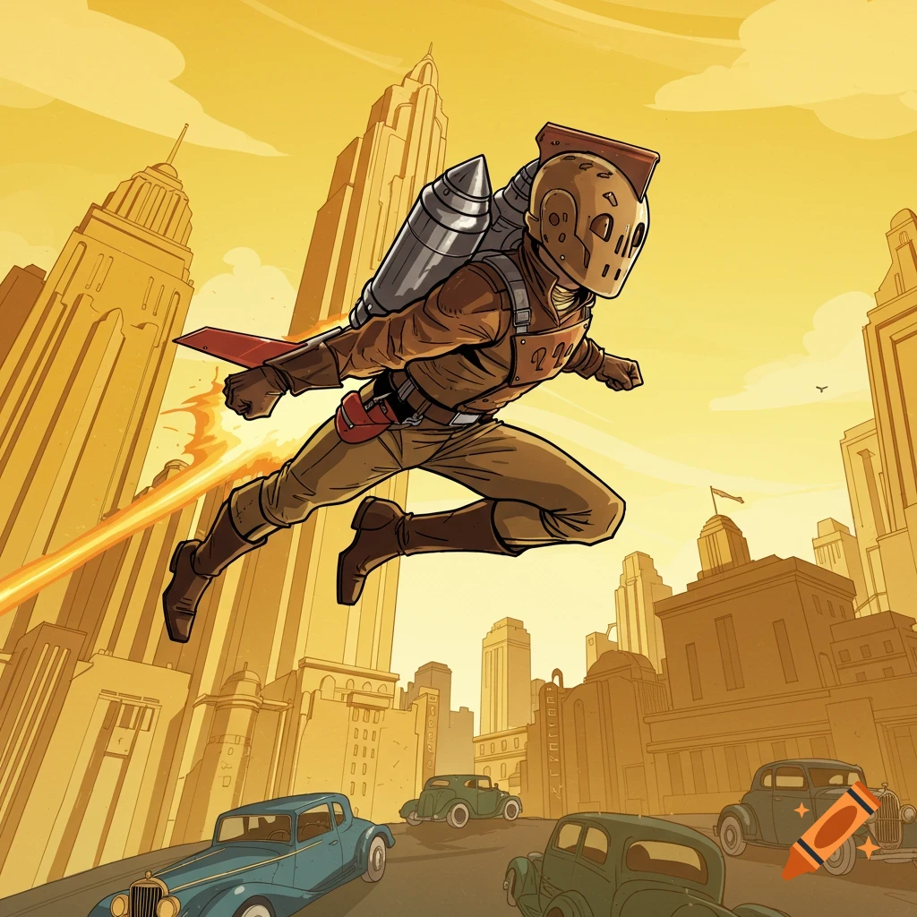 A character resembling Rocketeer flies with a jetpack over a retro city with vintage cars, in a comic book style illustration.