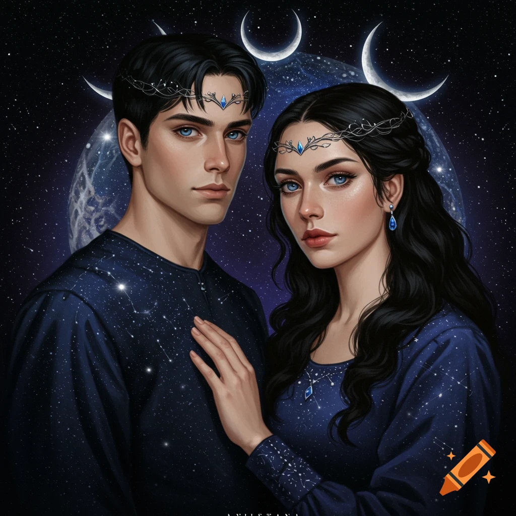 Fantasy portrait of a man and woman with black hair and blue eyes, wearing celestial-themed clothing, against a background of stars and moons.