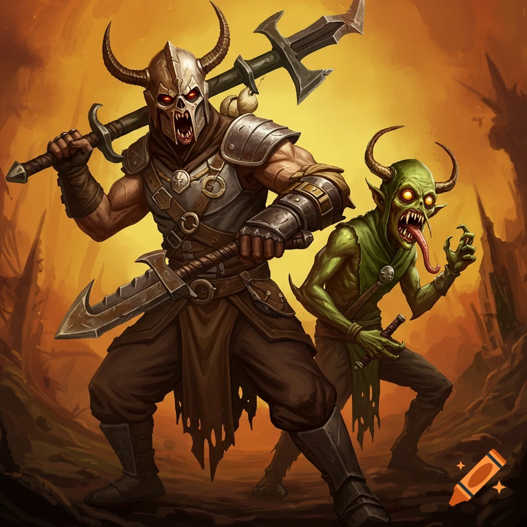 A horned warrior with a sword and a green goblin-like creature are in a dark fantasy landscape.