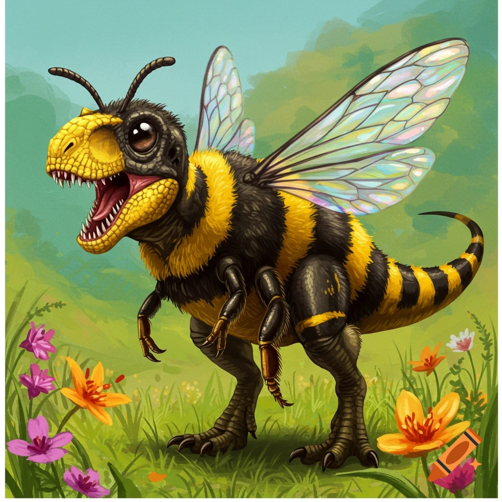 A dinosaur bumblebee hybrid stands in a field of flowers.