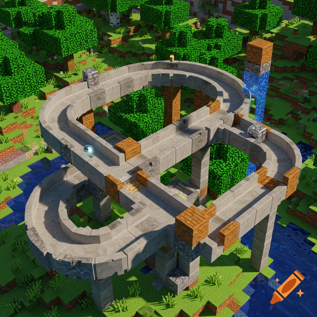 A complex marble track structure in a Minecraft world.