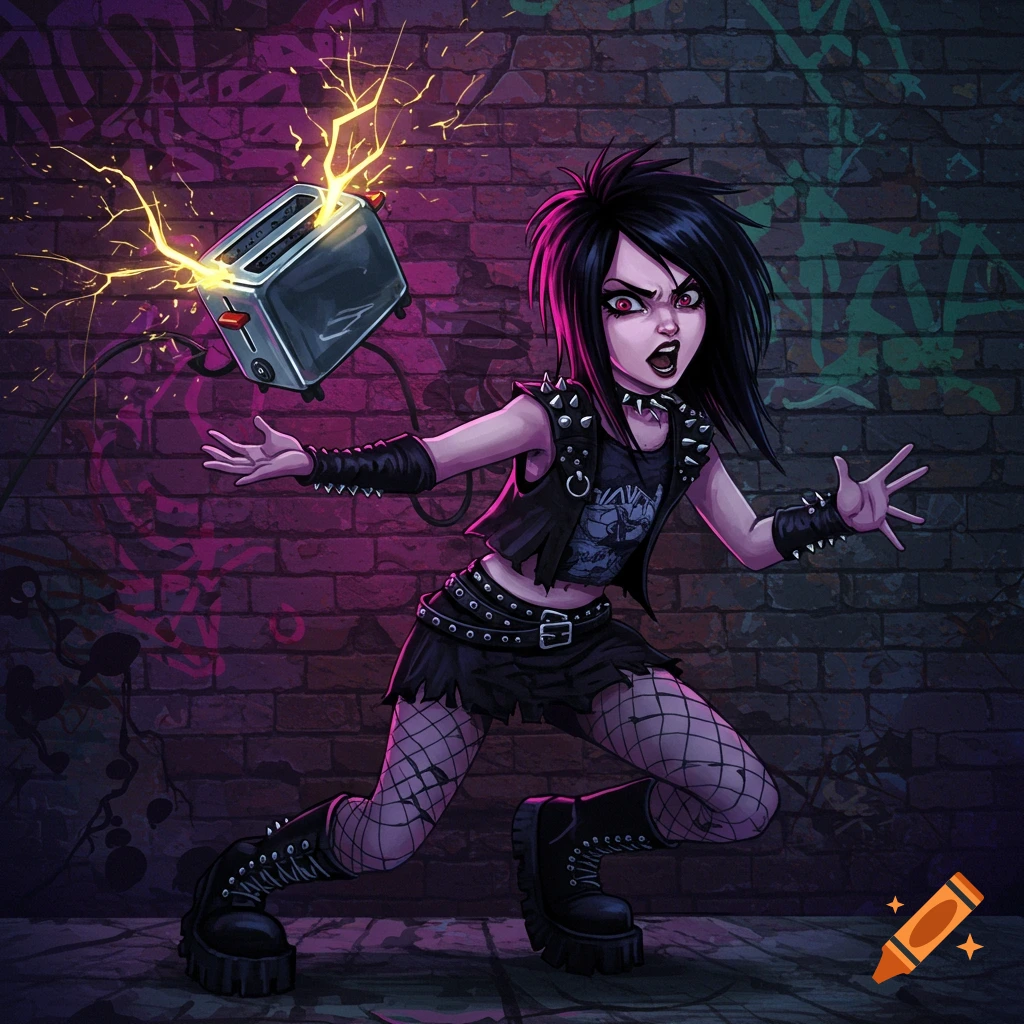 Stylized portrait of an emo girl in punk clothes throwing a toaster emitting electric sparks.