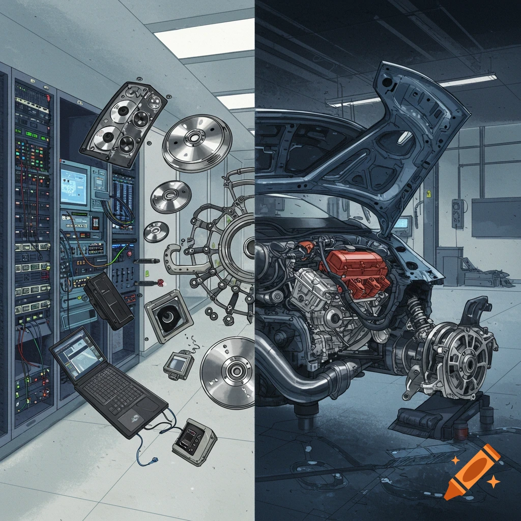 Split scene: server room with computer parts and car repair shop with auto parts.