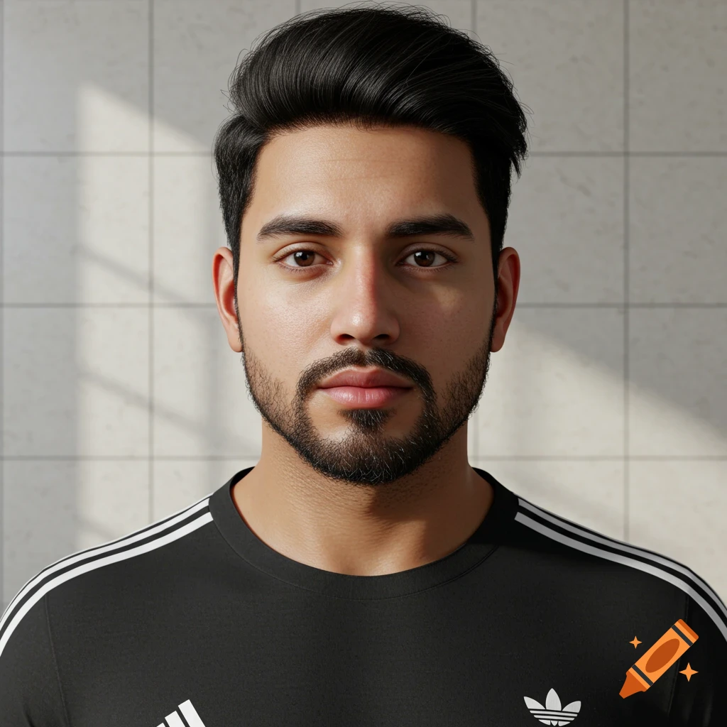 Hyper-realistic portrait of a young man in a black Adidas t-shirt.