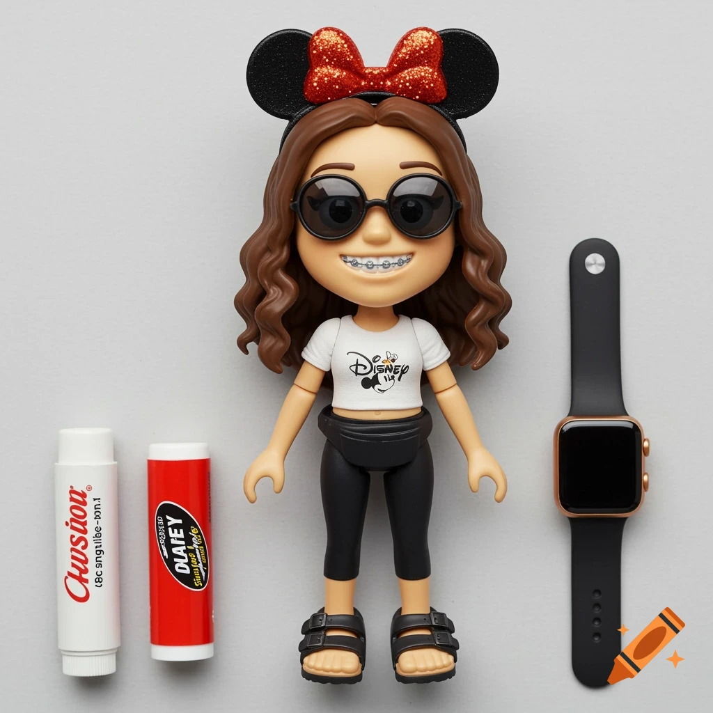A toy action figure of a girl wearing Minnie Mouse ears, sunglasses, braces, a Disney shirt, black leggings, a fanny pack, Birkenstock sandals, and an Apple Watch, next to two lip balm tubes.
