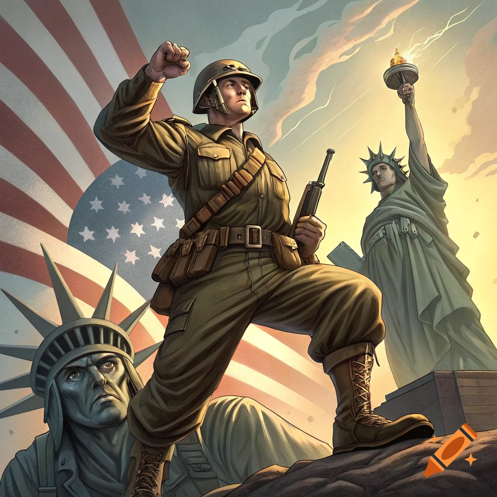 An American soldier with a rifle and raised fist stands on rocks before the Statue of Liberty and an American flag.