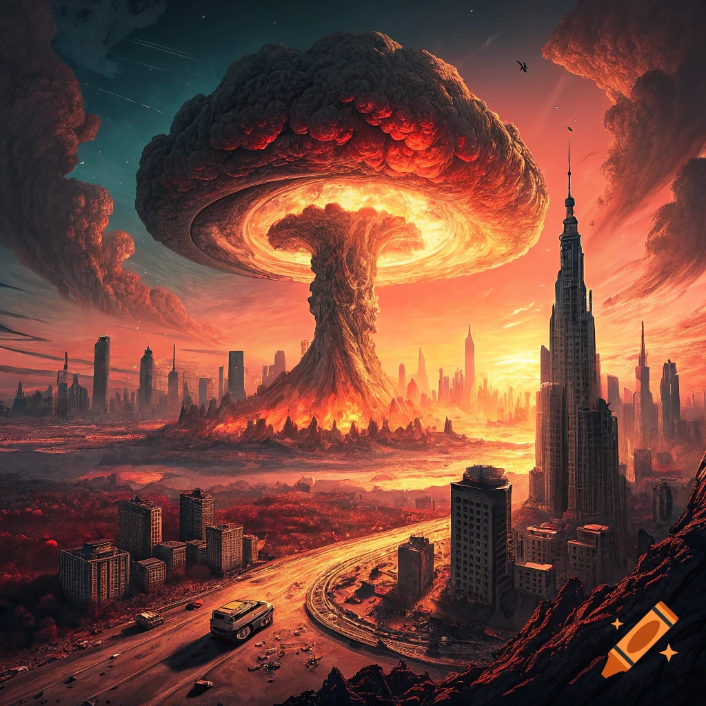 A stylized nuclear mushroom cloud dominates the sky above a city at sunset.