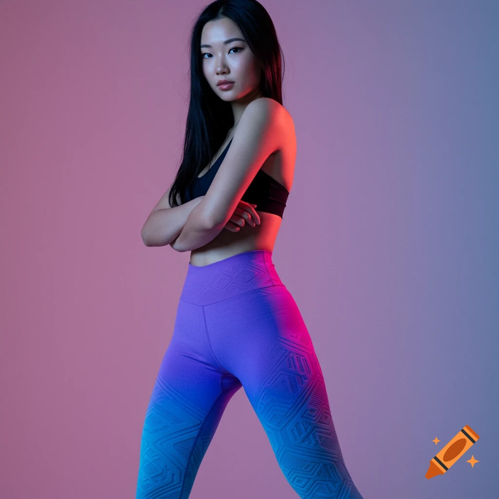 A woman in a black sports bra and colorful gradient leggings poses with crossed arms against a pink and blue gradient background.