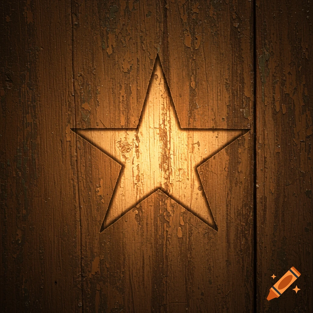 A five-pointed star is carved into a weathered wooden surface, glowing from within.