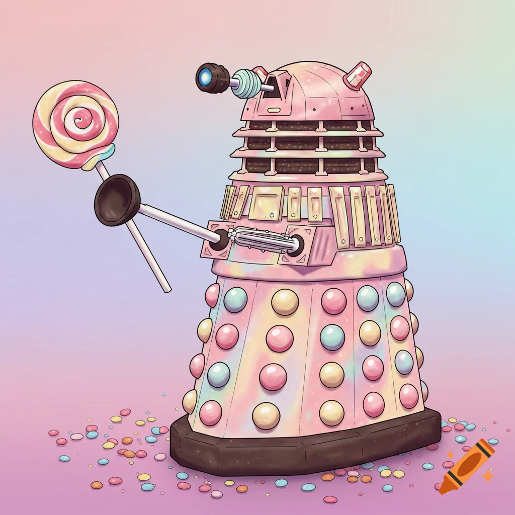 A candy-themed pink Dalek holds a lollipop in a pastel illustration style