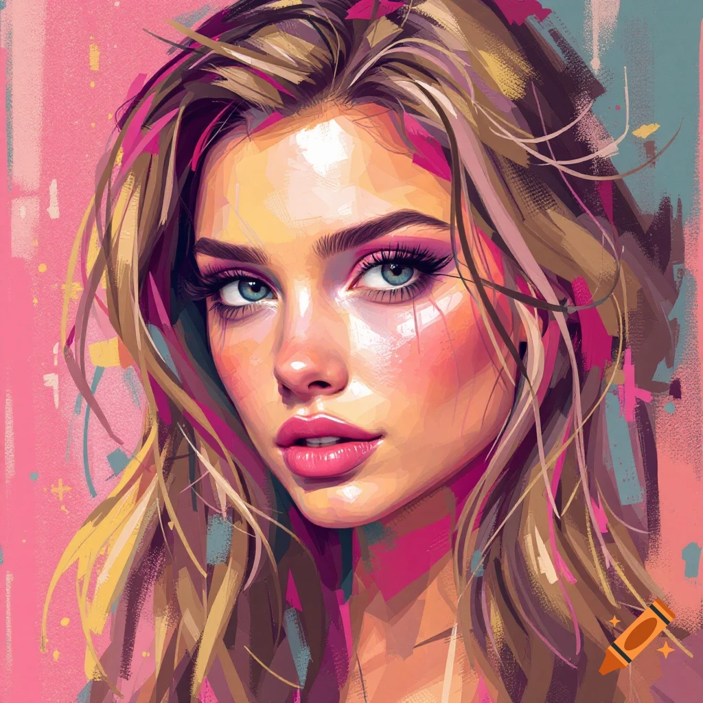 Portrait of a woman's face with expressive brushstrokes and pink accents.