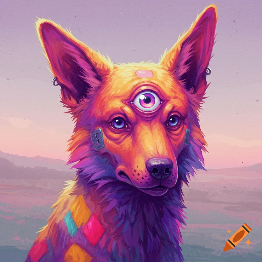 A vibrant picture of a psychedelic-colored mutant dog with three eyes looking forward.