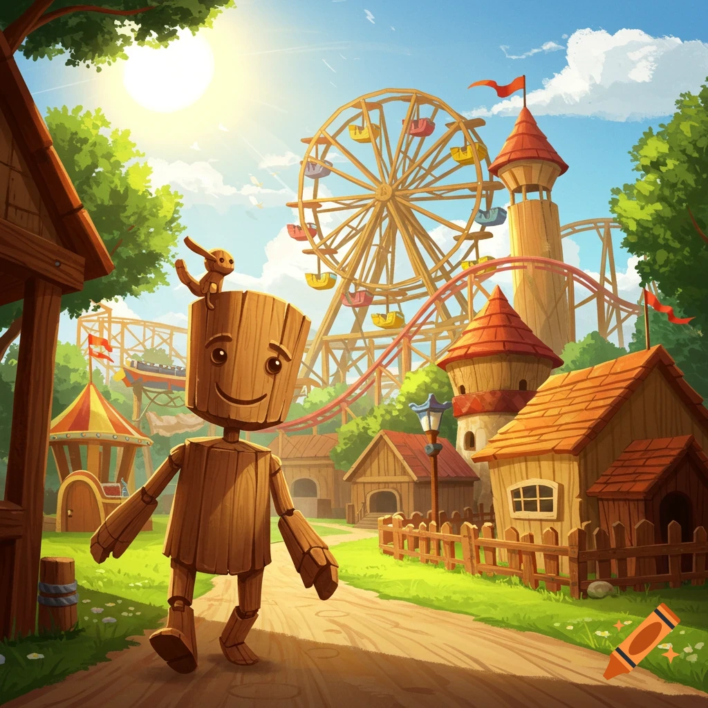 A wooden figure walks through a cartoonish wooden theme park with a Ferris wheel and roller coaster under a sunny sky.