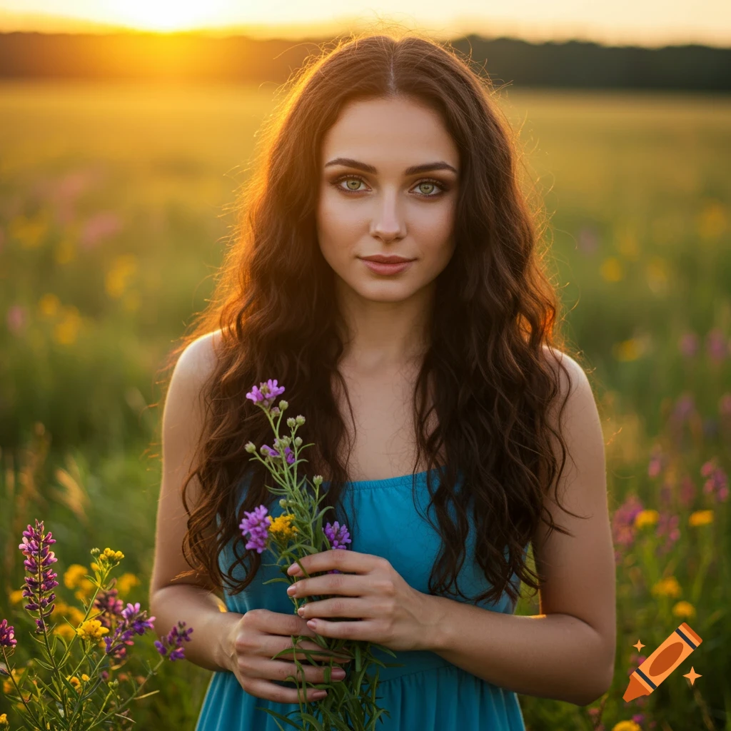 Photorealistic portrait of a woman holding flowers in a sunlit field.